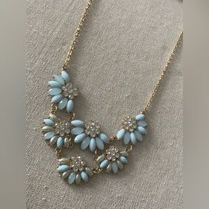 Mint Blue & Gold Floral Statement Bib Necklace - Rhinestone Flower Collar